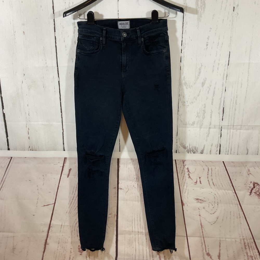 Agolde Jeans 26 Black Skinny Mid Rise Distressed Ripped Frayed 90s Designer